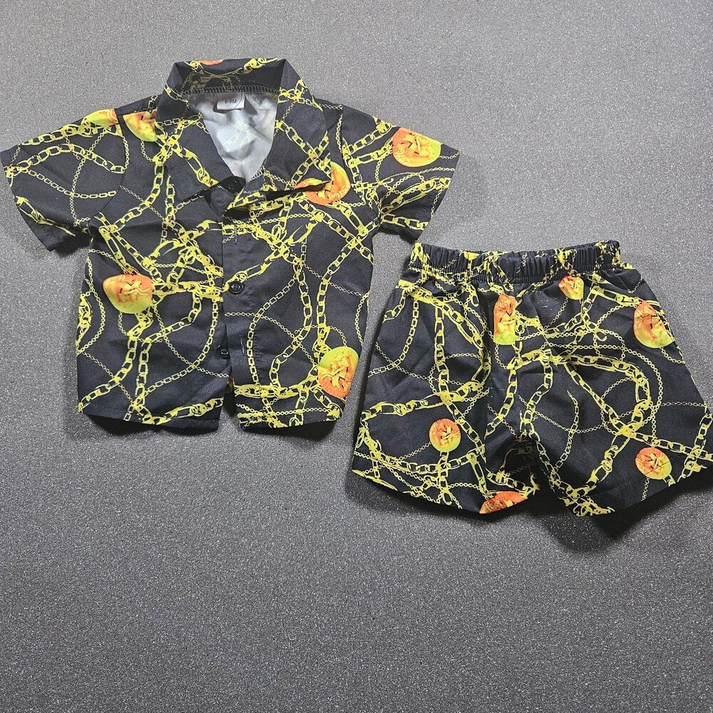 Toddler 2Pc Outfit Set 6-9M Chain Print Button Shirt Shorts Matching